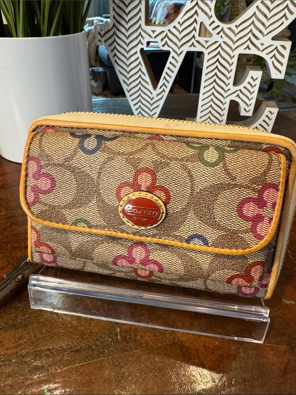 Coach Multicolor Floral Signature Canvas Wallet with Tan Trim